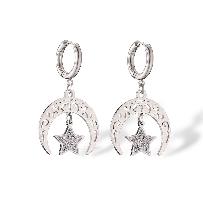 1 Paar schlichte Ohrringe im Pendel-Stil mit Stern- und Mondbeschichtung, Edelstahl-Zirkon, 18 Karat vergoldet
