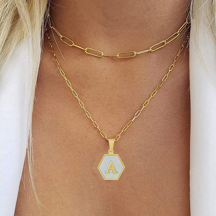 Fashion Hexagon Letter Stainless Steel  Layered Necklaces Gold Plated Shell Stainless Steel  Necklaces