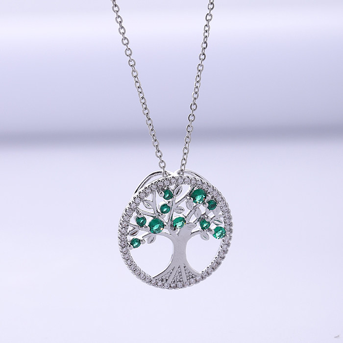 Artistic Tree Stainless Steel  Copper Plating Inlay Zircon Silver Plated Pendant Necklace