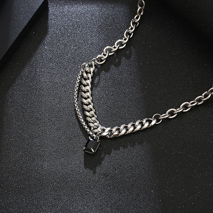 Hip-Hop Rectangle Stainless Steel Chain Inlay Gem Pendant Necklace