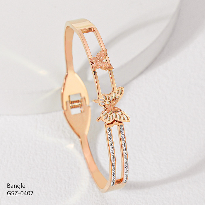 Estilo simples flor borboleta chapeamento de aço inoxidável oco incrustação strass rosa banhado a ouro banhado a prata pulseira