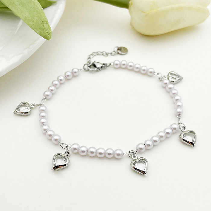 Elegant Romantic Heart Shape Stainless Steel Artificial Pearl Charm Plating Inlay Diamond Gold Plated Bracelets