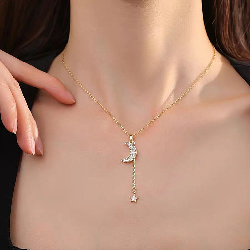 Elegant Star Moon Stainless Steel Plating Inlay Zircon 18K Gold Plated Necklace