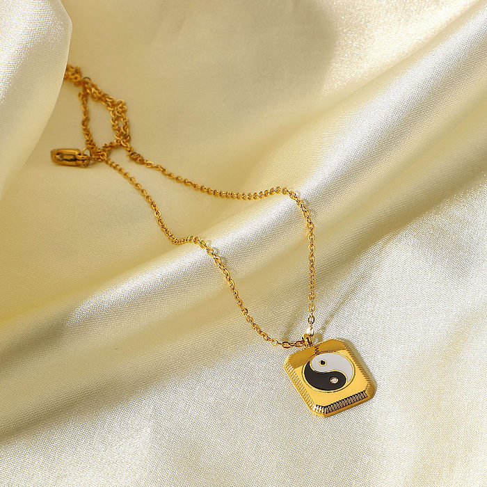 Fashion 18K Gold-plated Stainless Steel  Black White Yin Yang Square Pendant Necklace Jewelry