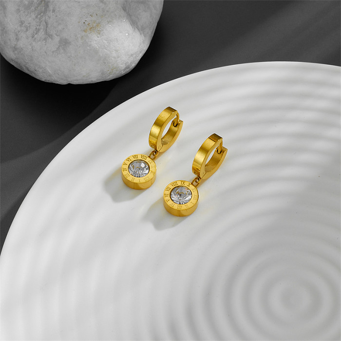 1 par elegante estilo simples redondo chapeamento incrustado de aço inoxidável diamante 18K brincos banhados a ouro