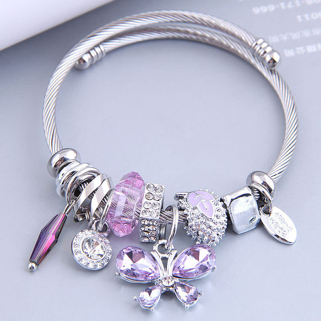 Fairy Style Animal Stainless Steel Plating Inlay Artificial Crystal Cuff Bracelets