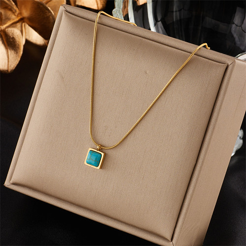 Retro Square Stainless Steel Inlay Turquoise Pendant Necklace 1 Piece