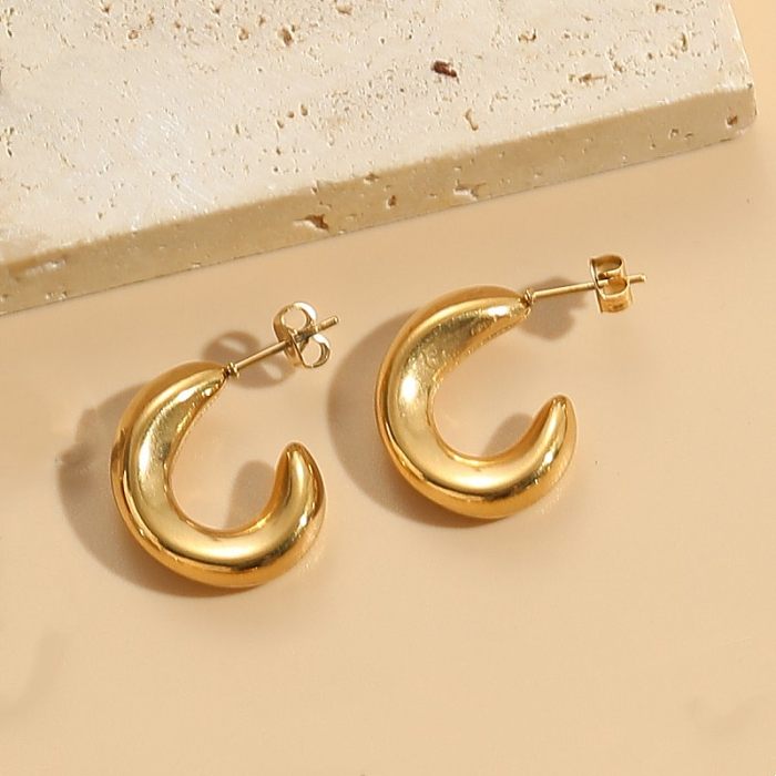 1 Paar elegante, luxuriöse, klassische C-förmige, runde, einfarbige Edelstahl-Ohrringe mit 14-Karat-Vergoldung