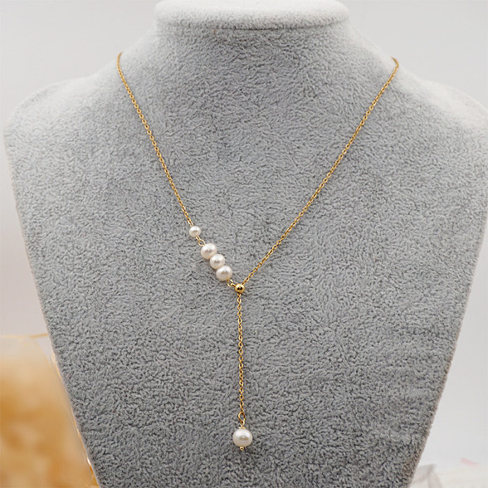 Simple Style Round Stainless Steel Pearl Pendant Necklace 1 Piece