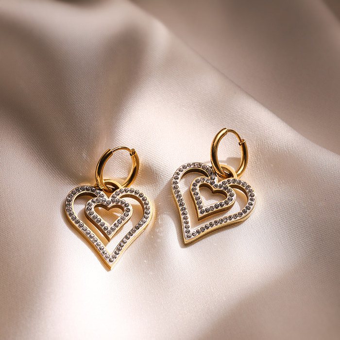 1 par estilo simples forma de coração chapeamento incrustado de aço inoxidável zircão 18K brincos banhados a ouro