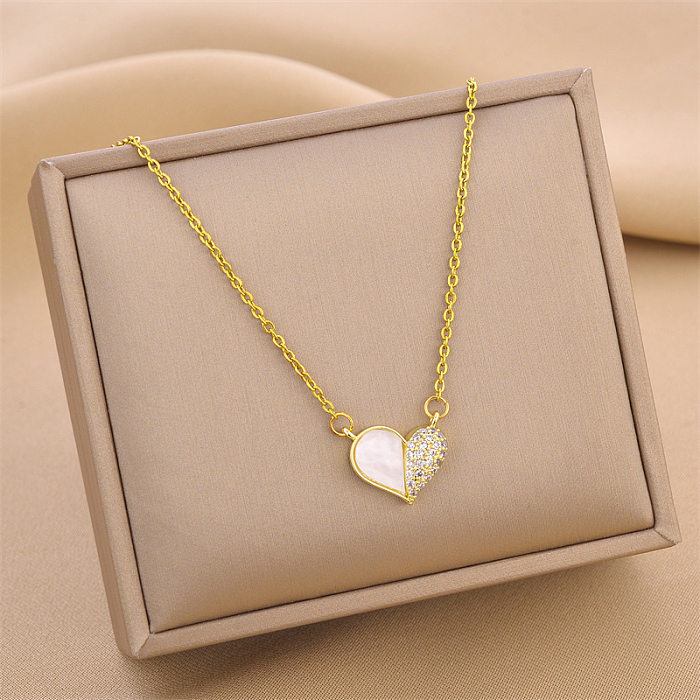 Fashion Heart Shape Stainless Steel Inlay Rhinestones Shell Necklace 1 Piece