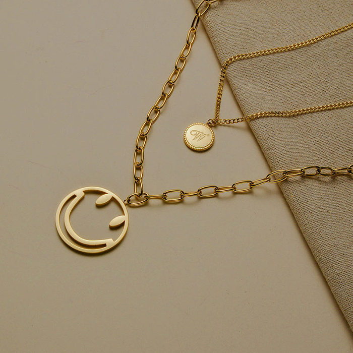 Hollow Smiley Face Stainless Steel  Round Letters Double Layered Necklace