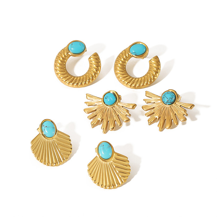 1 Pair Retro Round Polishing Plating Inlay Stainless Steel  Turquoise 18K Gold Plated Earrings