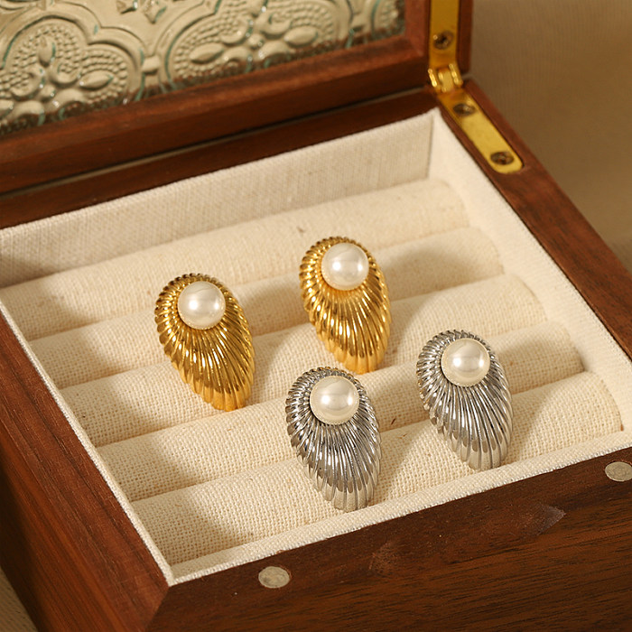 1 paire de clous d'oreilles élégants de Style nordique français, incrustation géométrique en acier inoxydable, perle d'eau douce plaquée or 18 carats