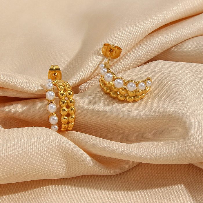 Damen-Ohrringe aus Edelstahl mit geometrischem Überzug, Perlen-Edelstahl-Ohrringe