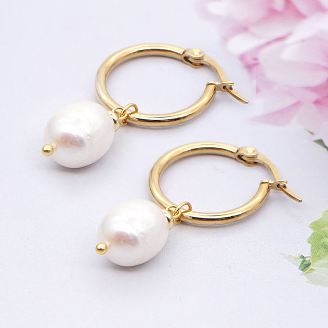 Retro Geometric Stainless Steel  Pearl Drop Earrings 1 Pair