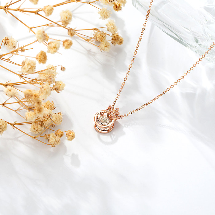 Casual Simple Style Crown Stainless Steel  Inlay Zircon Rose Gold Plated Pendant Necklace