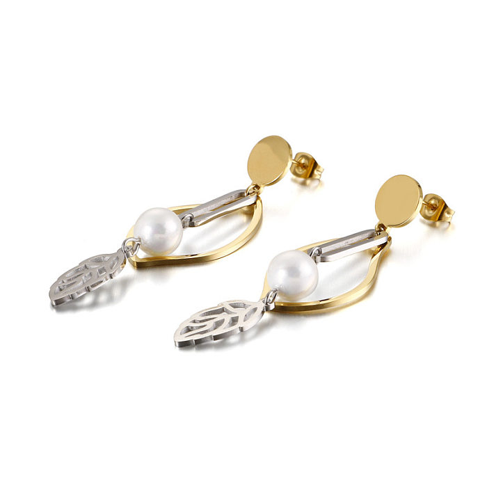 Fashion Stainless Steel  Pearl Leaf Earrings Wholesale jewelry