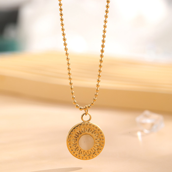 Retro Sun Oval Stainless Steel Plating Inlay Natural Stone Gold Plated Pendant Necklace