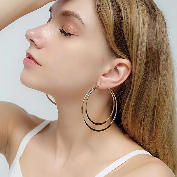 Boucles d'oreilles créoles en acier inoxydable, 1 paire, Double anneau plaqué de couleur unie