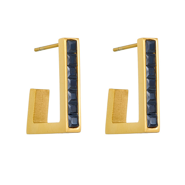 1 par de brincos de orelha banhados a ouro 18K, estilo simples, cor sólida, incrustação de zircão de aço inoxidável