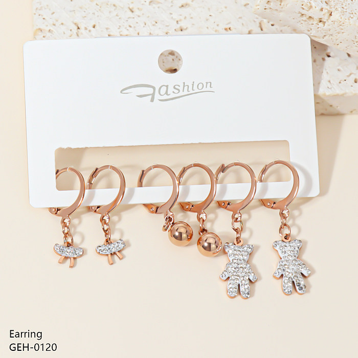 3 Pairs Simple Style Bear Wings Butterfly Plating Inlay Stainless Steel  Rhinestones Shell Rose Gold Plated Gold Plated Silver Plated Earrings