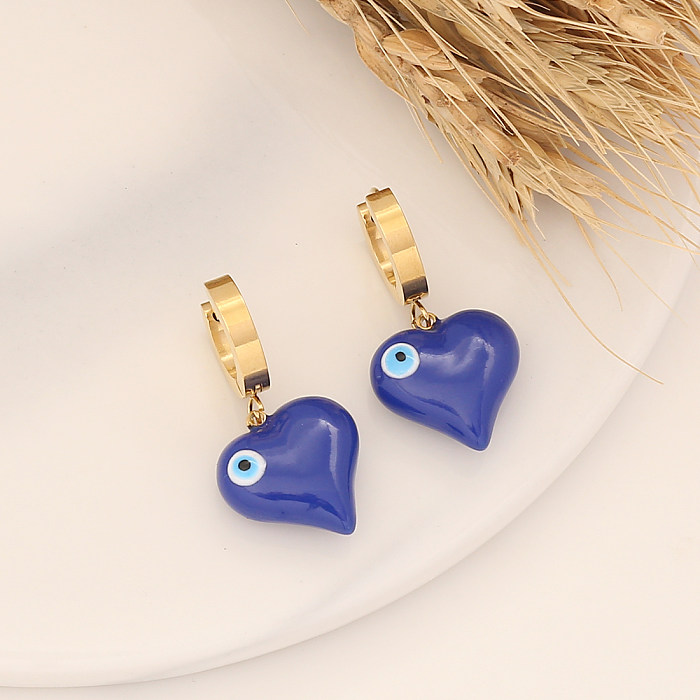 Boucles d'oreilles pendantes en acier inoxydable et émail plaqué or, Style Simple, œil du diable, en forme de cœur, 1 paire