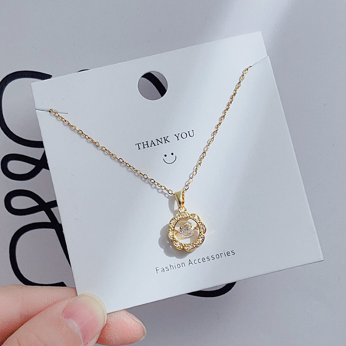 Cute Simple Style Heart Shape Crown Flower Stainless Steel Inlay Rhinestones Pendant Necklace