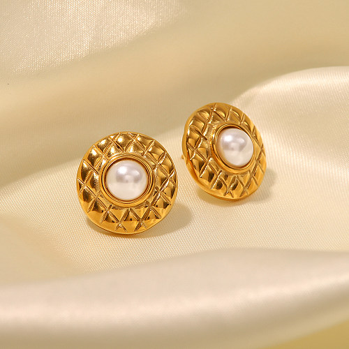 Clous d'oreilles ronds en acier inoxydable, style Simple, avec perles, 1 paire