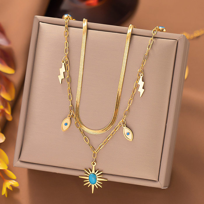 Elegante olho flor relâmpago incrustação de aço inoxidável turquesa opala zircão colares em camadas
