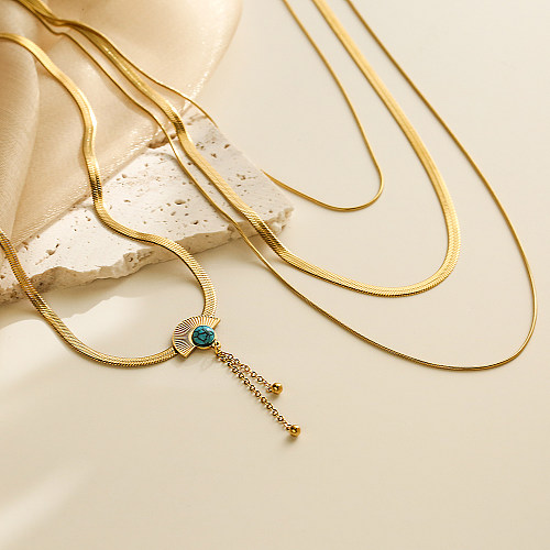 Simple Style Commute Geometric Stainless Steel Plating Inlay Turquoise 18K Gold Plated Three Layer Necklace