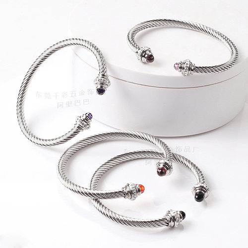Simple Style Solid Color Titanium Steel Inlay Zircon Cuff Bracelets