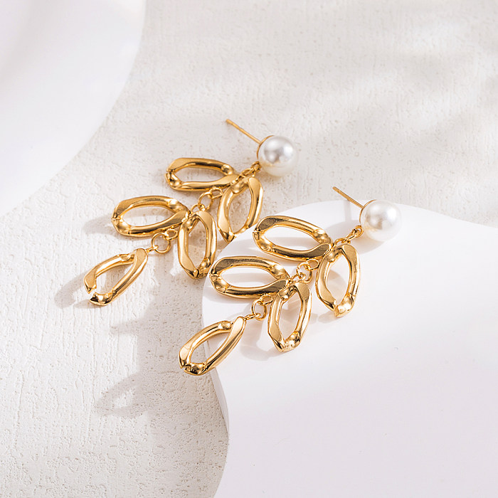 1 Pair Simple Style Artistic Semicircle Leaf Stainless Steel  Zircon 18K Gold Plated Drop Earrings