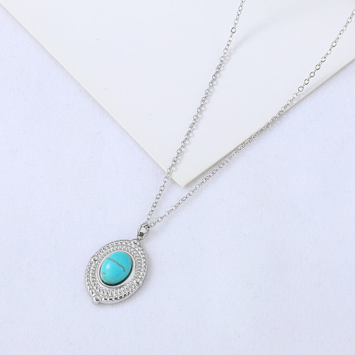 Wholesale Jewelry Simple Oval Turquoise Stainless Steel  Pendant Necklace jewelry