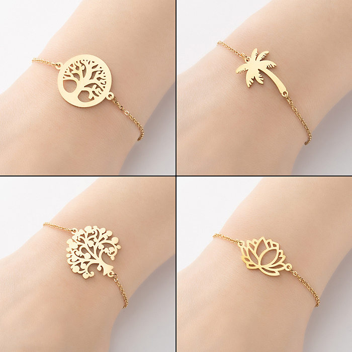1 Piece Simple Style Tree Coconut Tree Lotus Stainless Steel Plating Hollow Out Bracelets