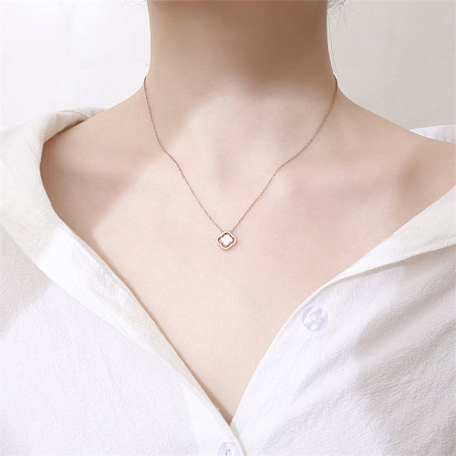 IG Style Four Leaf Clover Heart Shape Stainless Steel  Plating Hollow Out Inlay Zircon Rose Gold Plated Pendant Necklace