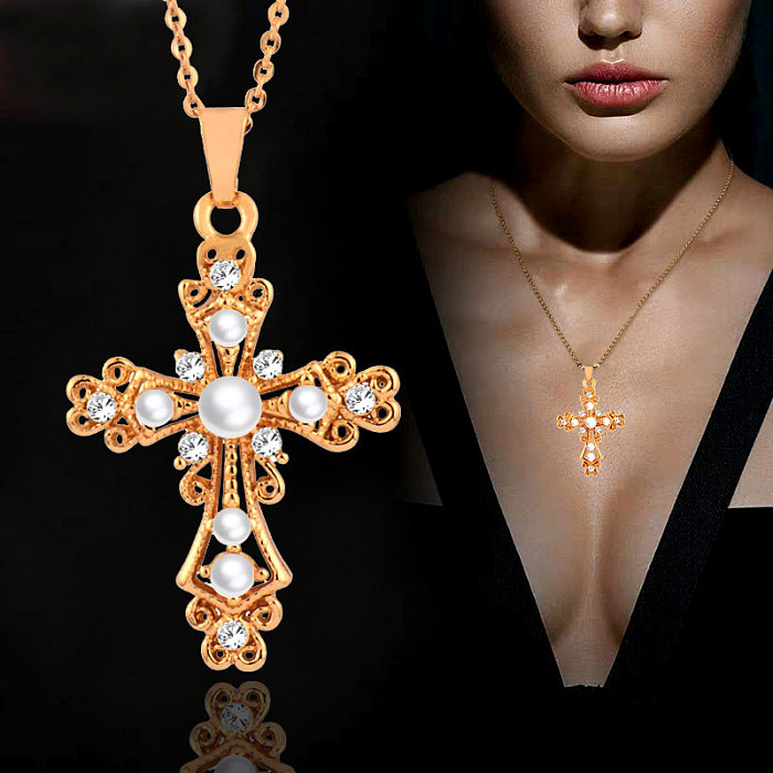 Schlichter Stil Kreuz Edelstahl vergoldet Inlay Strass Perlen Anhänger Halskette 1 Stück
