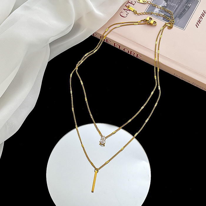 Elegant Simple Style Water Droplets Stainless Steel  Plating Inlay Rhinestones 18K Gold Plated Layered Necklaces