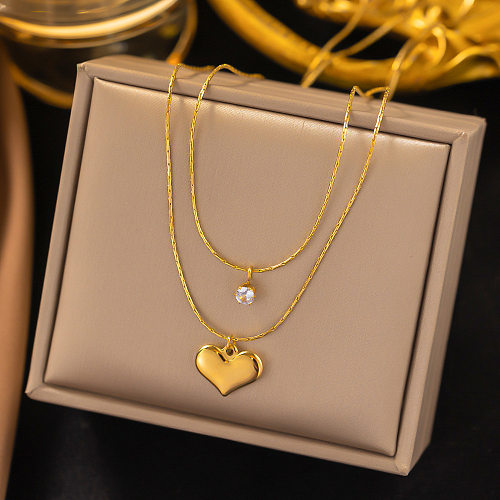 Retro Heart Shape Stainless Steel  Stainless Steel Plating Inlay Zircon Layered Necklaces
