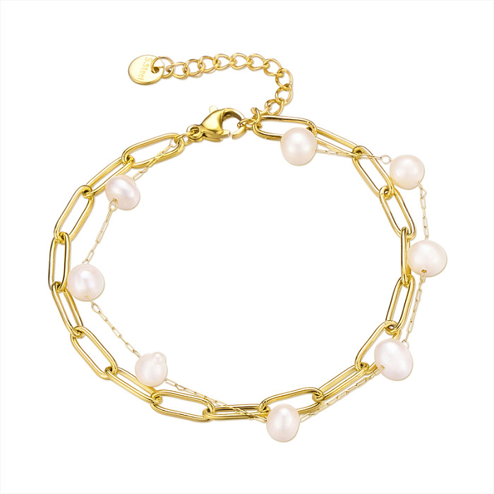 Classic Style Oval Stainless Steel Imitation Pearl Bracelets