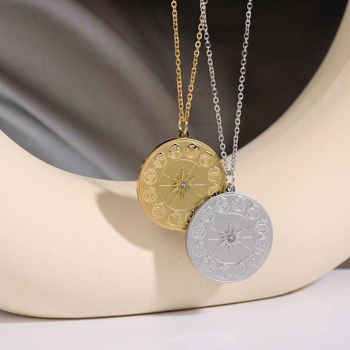 Collier pendentif décontracté rétro rond Constellation en acier inoxydable, incrustation de Zircon plaqué or 18 carats