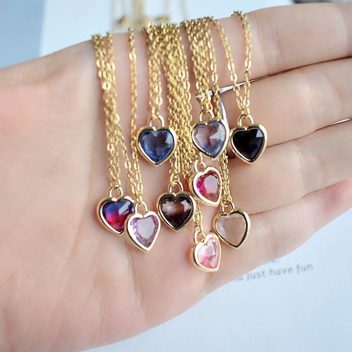 Simple Style Heart Shape Stainless Steel  Inlay Rhinestones Pendant Necklace
