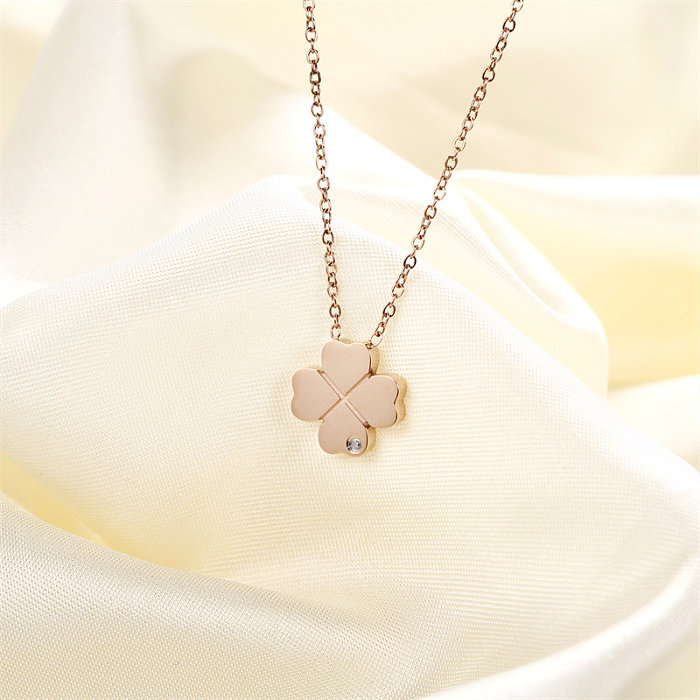 Casual Simple Style Four Leaf Clover Heart Shape Stainless Steel  Stainless Steel Polishing Plating Rose Gold Plated Pendant Necklace