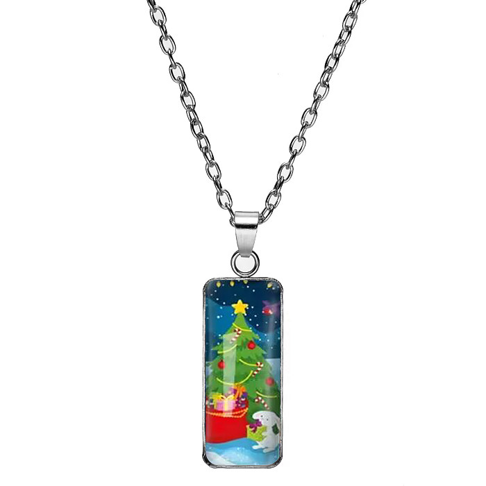 Colar com pingente de vidro embutido em aço inoxidável estilo desenho animado árvore de Natal Papai Noel