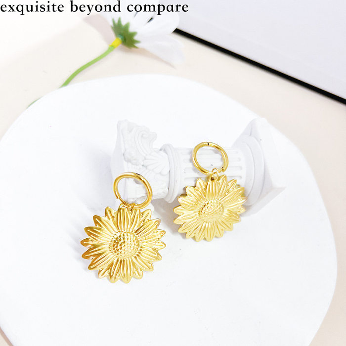 1 Pair Retro Sunflower Plating Stainless Steel  14K Gold Plated Drop Earrings