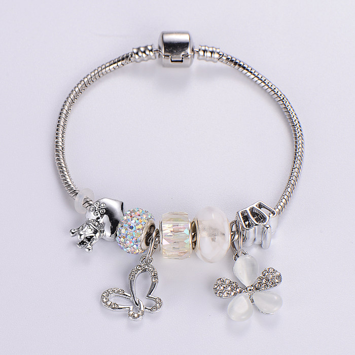 Brazalete de diamantes de imitación con incrustaciones de epoxi de aleación de acero inoxidable con elefante en forma de corazón de conejo de estilo clásico dulce