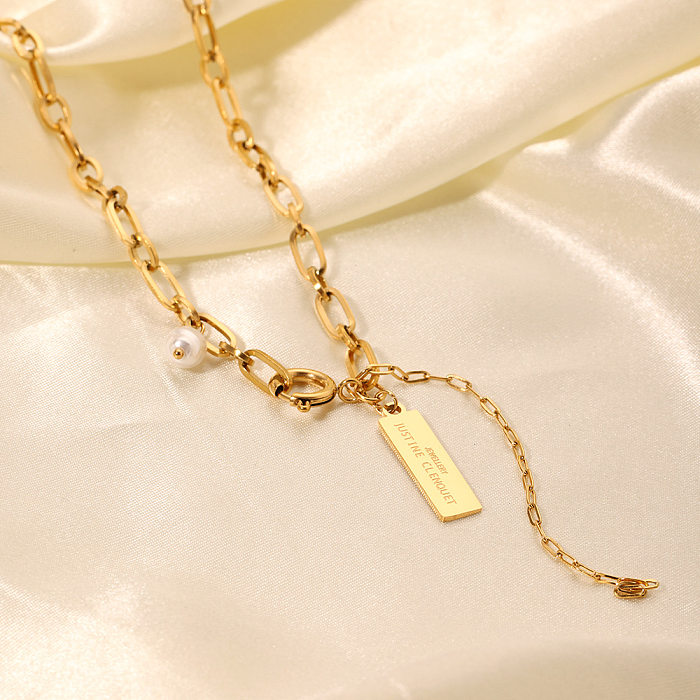 IG Style Simple Style Letter Rectangle Stainless Steel  Tassel Pearl Plating 18K Gold Plated Pendant Necklace