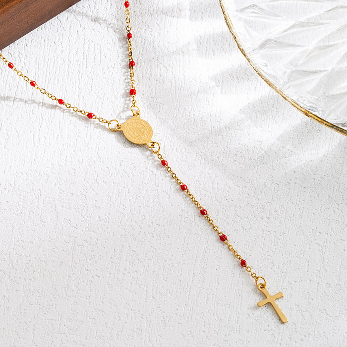 Collier plaqué or 18 carats avec croix classique élégante, prêtre de la Vierge Marie, placage de perles en acier inoxydable