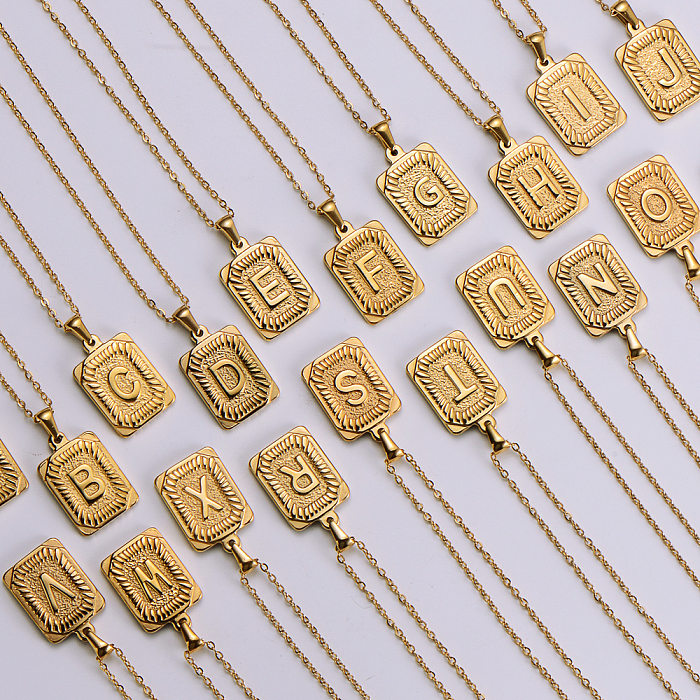 Stainless Steel  Plating 18K Gold Rectangular Letter Necklace Letter Necklace
