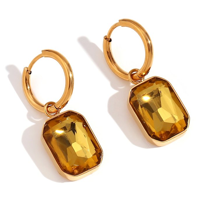 1 paire de boucles d'oreilles pendantes plaquées or 18 carats, Style classique, incrustation carrée de strass en acier inoxydable